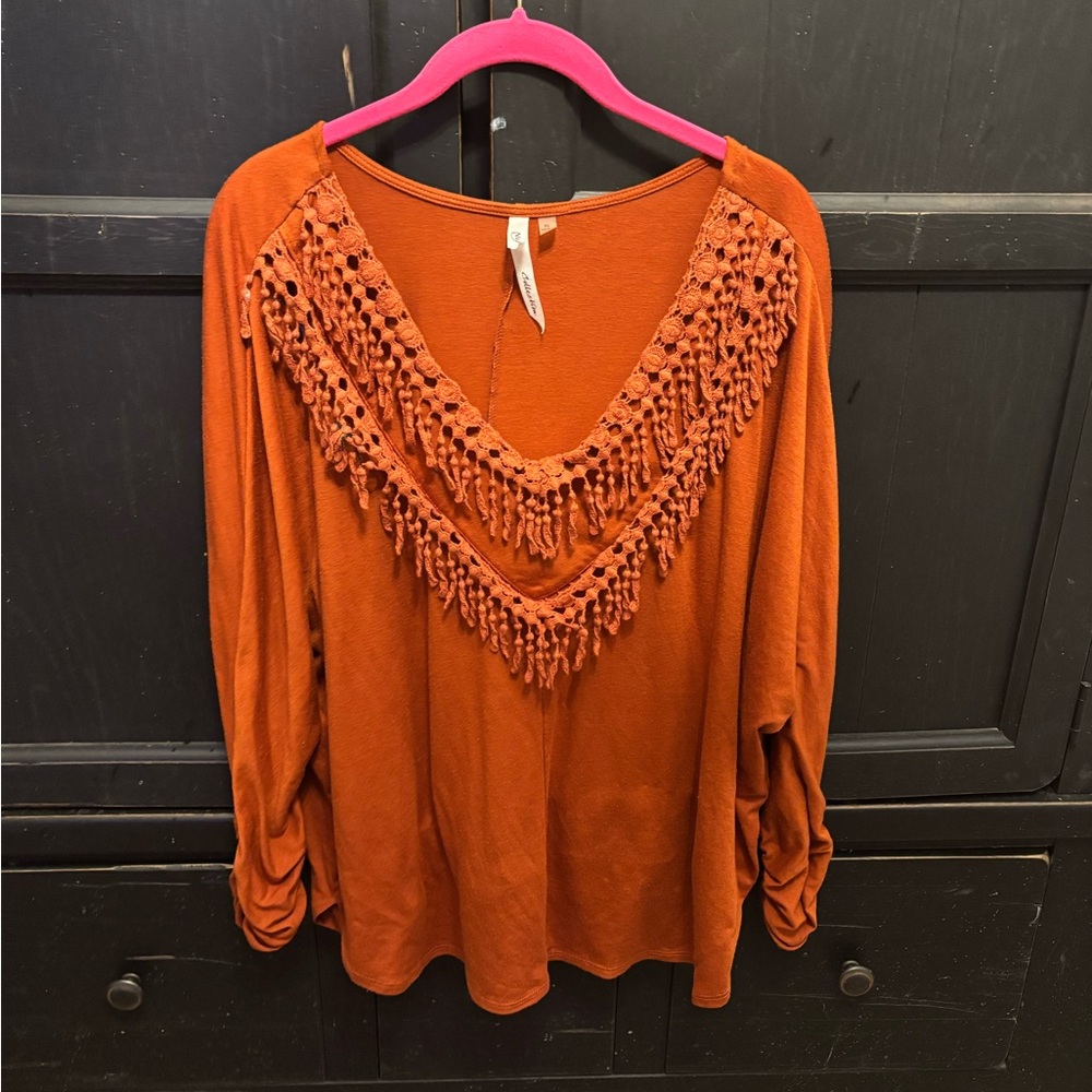 NY Collection Rust Fringe Blouse